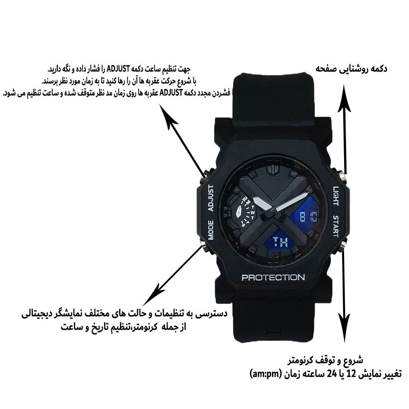 ساعت مچی عقربهای کوارتز مردانه مدل دو زمانه کرنومتر دار موتور پمپی کد GA-2300BK