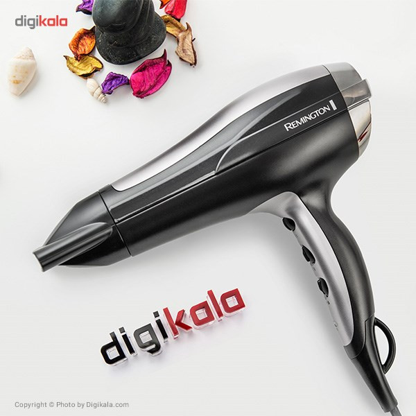 سشوار حرفهای 2400 وات رمینگتون مدل D5220، موتور DC، وزن 980 گرم، المنت سرامیک تورمالین، دارای سری متمرکزکننده با ویژگی صافکنندگی، با قابلیت باد سرد، فناوری تولید یون