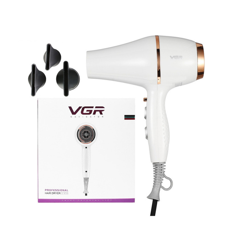 سشوار حرفهای 2200 وات وی جی ار مدل V-414، موتور AC، وزن 802 گرم، المنت سرامیک تورمالین، دارای سری متمرکزکننده باریک، متمرکزکننده پهن با ویژگی صافکنندگی، حجمدهندگی، با قابلیت تنظیم دما، فناوری تولید یون