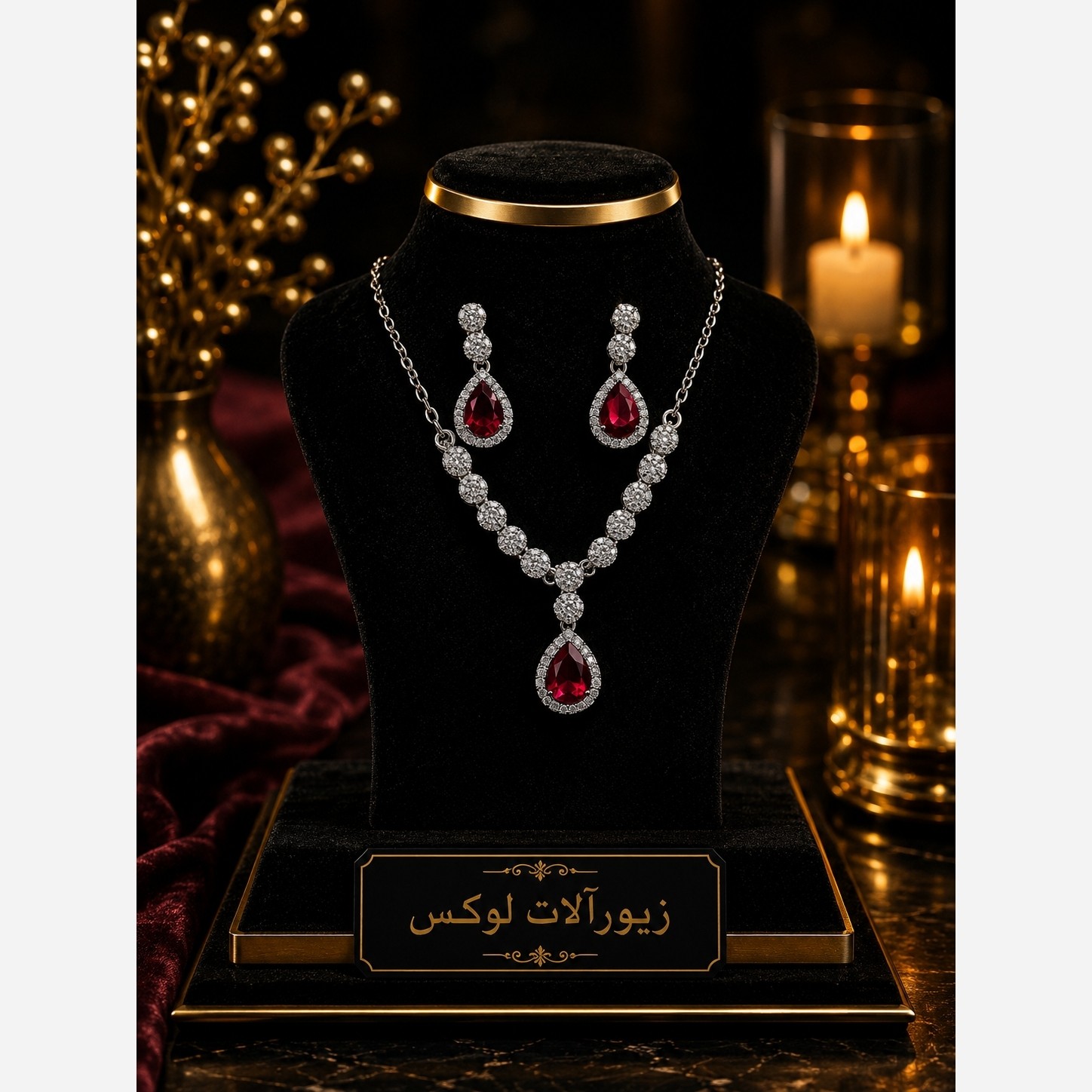نیم ست زنانه طرح نقره اشکی نگین قرمز