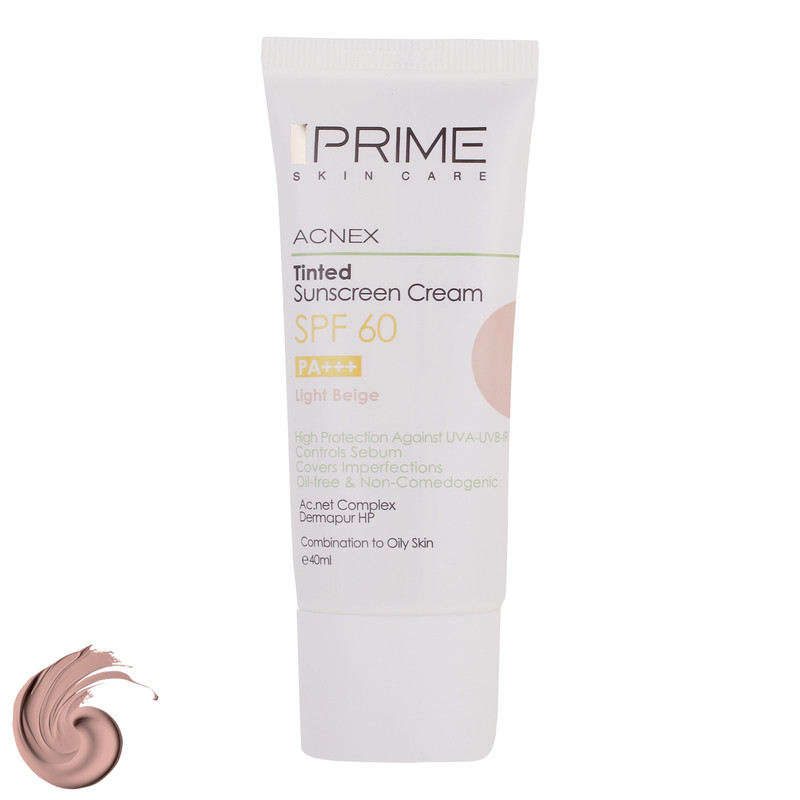 کرم ضدآفتاب رنگی پرایم SPF60 مدل Acnex، مناسب پوستهای چرب، حجم 40 میلیلیتر