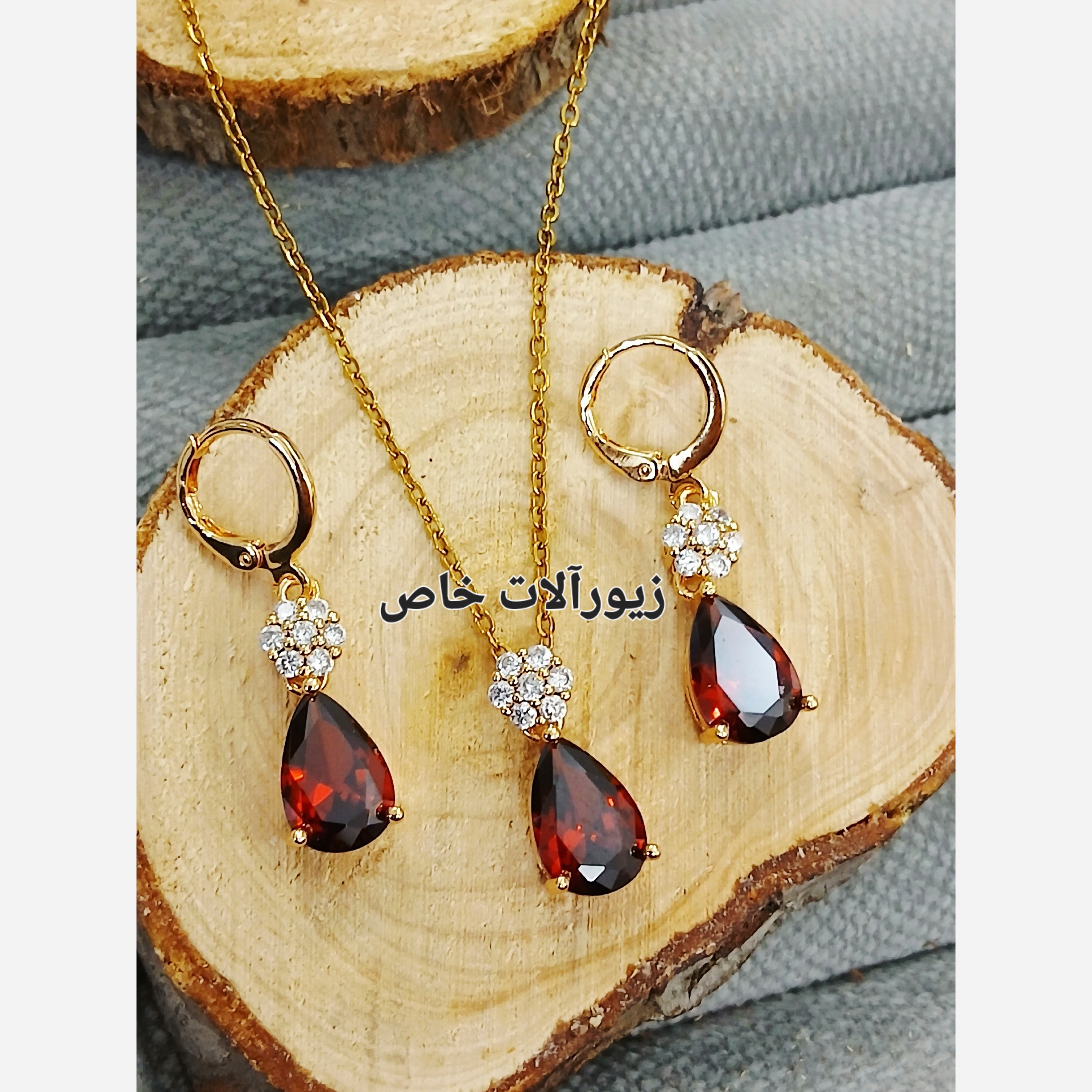 نیم ست جواهری اشکی قرمز طلایی ظریف خاص