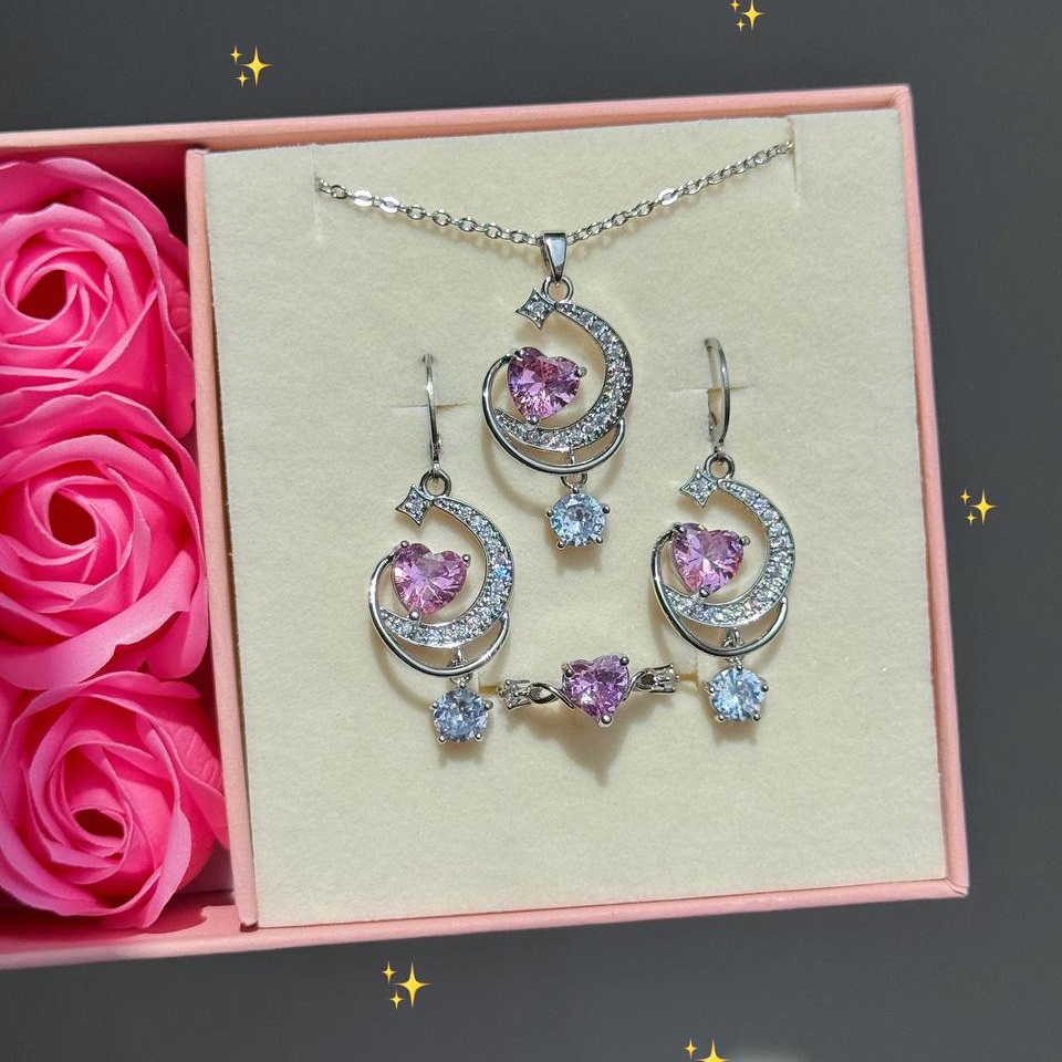 ست جواهری قلب و ماه صورتی