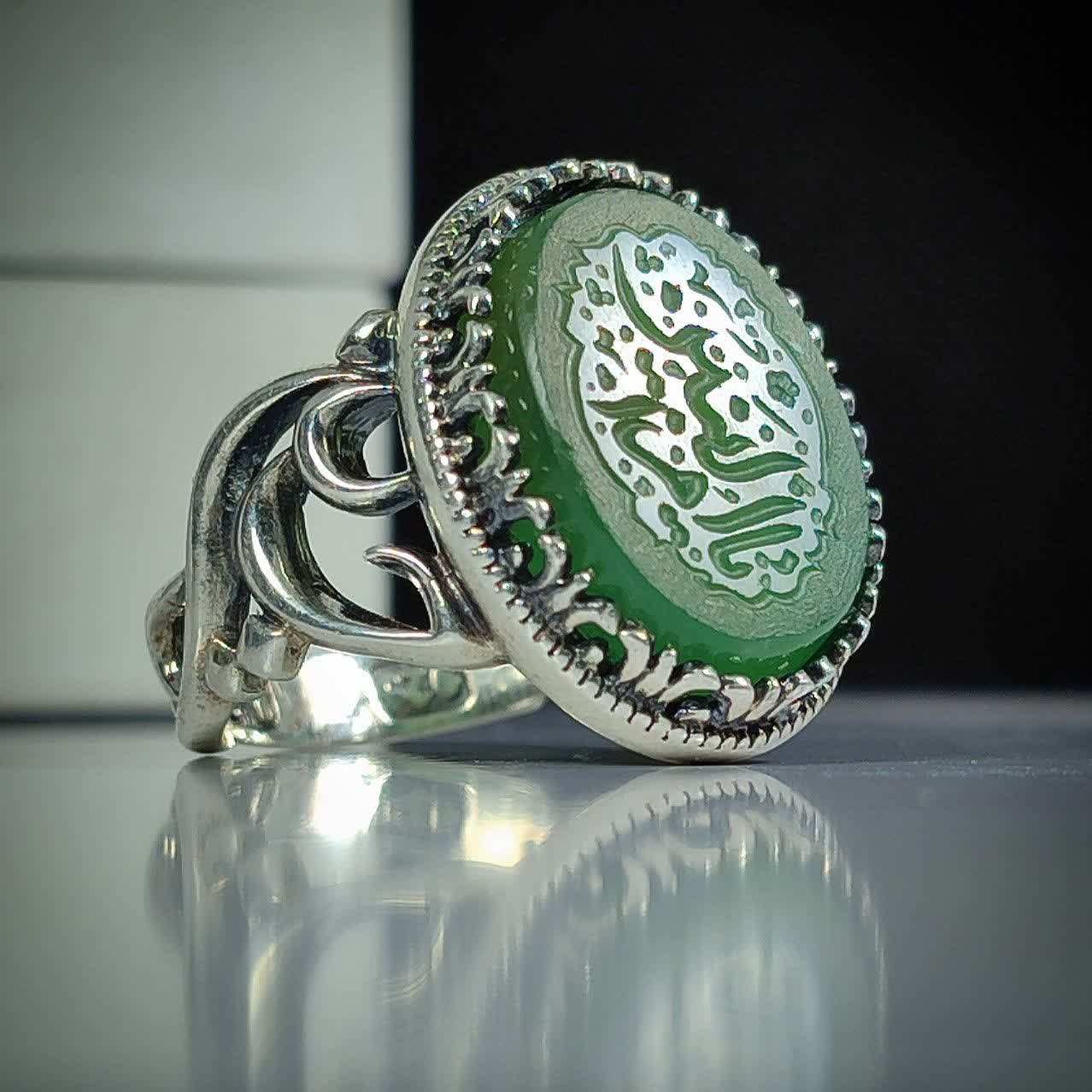 انگشتر عقیق سبز حکاکی ام البنین رکاب آلیاژی منحصر به فرد باکیفیت کد 3729