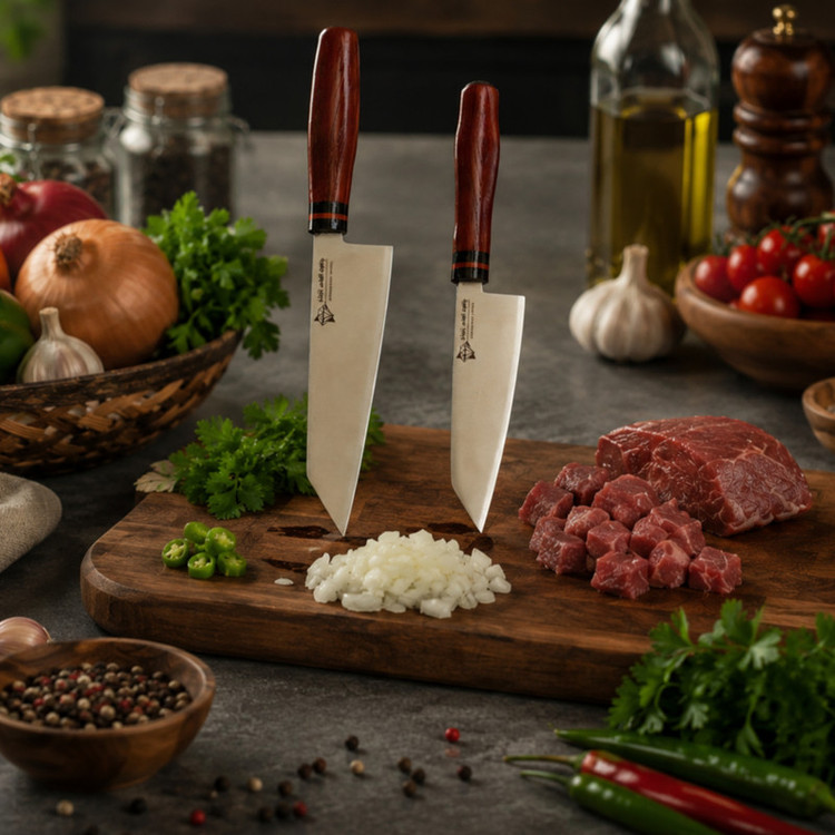 سرویس چاقو آشپزخانه ۲ پارچه با تیغه استیل و با دسته چوبی الماس زنجان مدل p-02