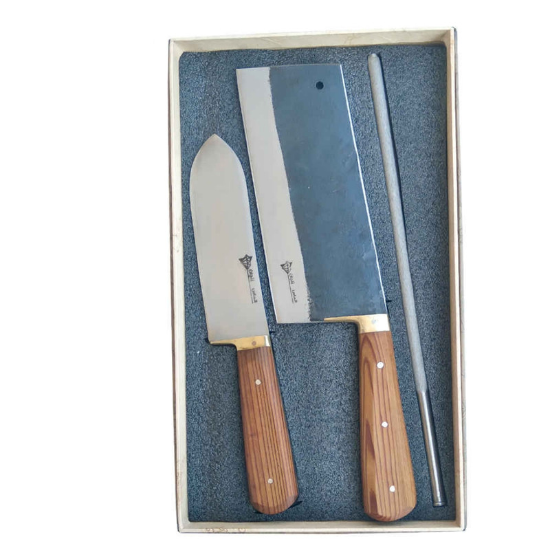 سرویس چاقو آشپزخانه 3 پارچه با تیغه فولادی و دسته چوبی الماس زنجان مدل قصابی کد g-01