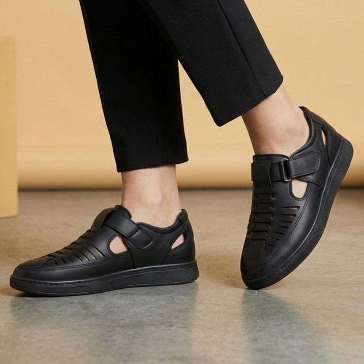 صندل مردانه چسبی مدل راوین رنگ مشکی تمام(دوردوخت و کف دوخت) (پس کرایه)